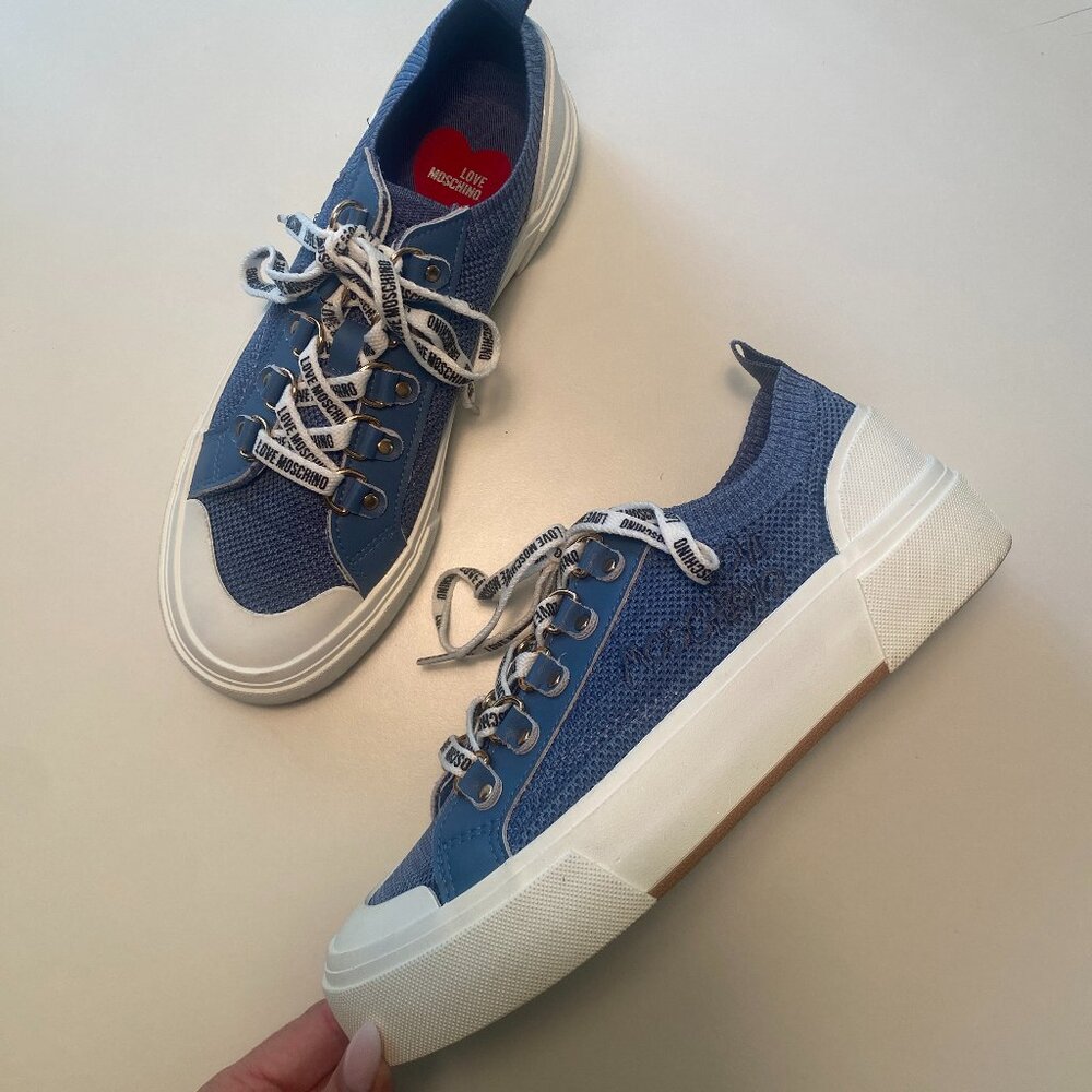 Love Moschino Logo-Embroidered Mesh Sneakers Size 38 Blue